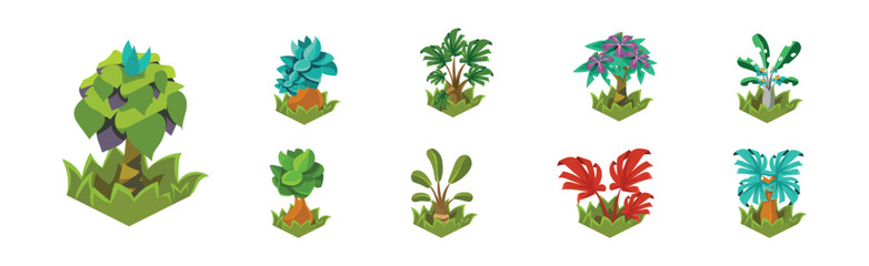 Fantasy Plant and Flower Growing in Ground Isometric Vector Set