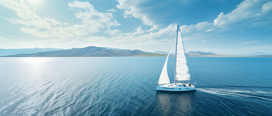 Aerial image of beautiful sailboat cruising - obrazy, fototapety, plakaty