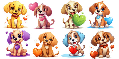 set of cute dogs with hearts on transparent isolated background, png, generated ai