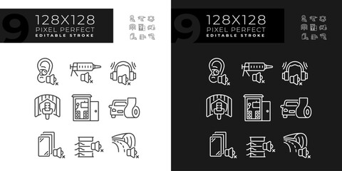 Pixel perfect light and dark mode icons representing soundproofing, editable thin linear illustration set.