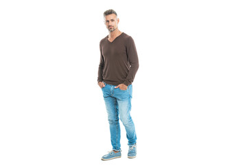 Naklejka premium handsome caucasian trendy stylish mature man in casual menswear pullover isolated on white