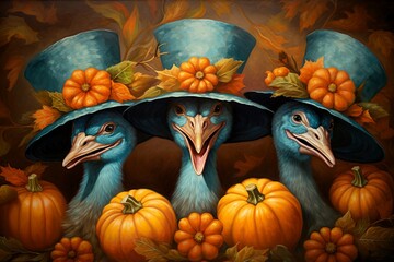 Three birds in hats with pumpkins and leaves on autumn background. Created with generative AI technology. - 638298019