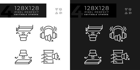 2D pixel perfect light and dark mode icons set representing soundproofing, editable thin linear illustration.