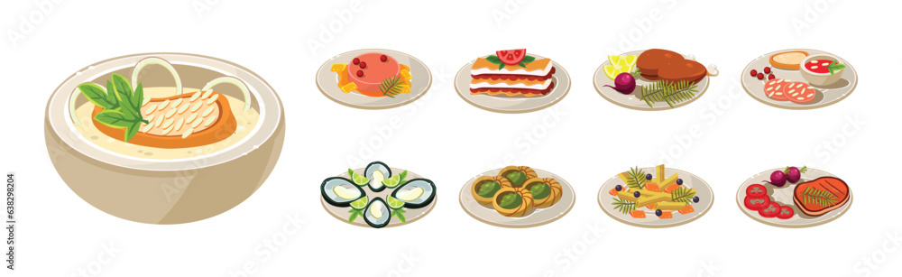 Sticker Different Food and Dish Served on Plate Isometric Vector Set