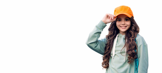 stylish teen girl in cap. childhood lifestyle. hipster teen girl in stylish outfit. copy space banner. advertisement of stylish teen fashion. girl isolated on white studio. teenery fashion