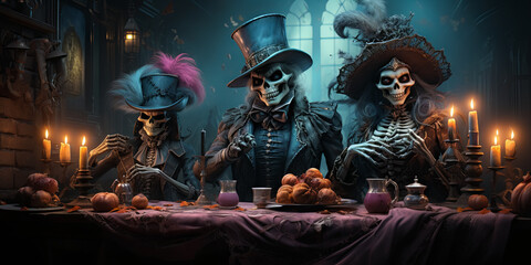 skeletons in stylish festive outfit sitting at the table and celebrating Halloween