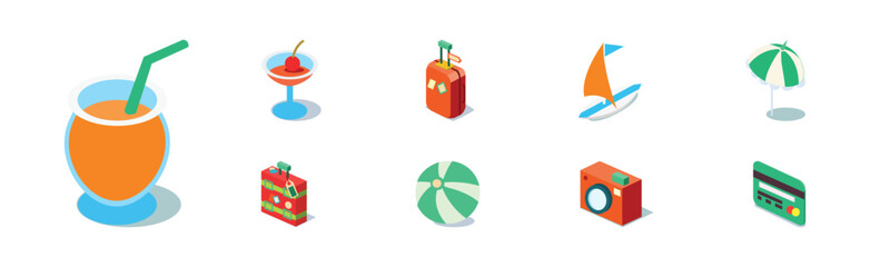 Summer Vacation and Beach Holiday Object Isometric Vector Set