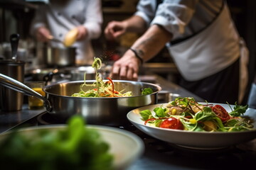 Obraz na płótnie Canvas close up gourmet dish being prepared in a high-end restaurant kitchen with Generative AI