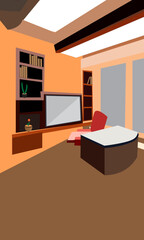 Modern living room with purple furniture and curtains on panoramic window. Vector cartoon illustration of empty lounge interior with sofa, chair, cabinet, books on table and big window.