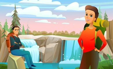 Guy and girl tourists near beautiful landscape with a waterfall and rocks. Tourist walking adventure journey. Fun cartoon style. Vector
