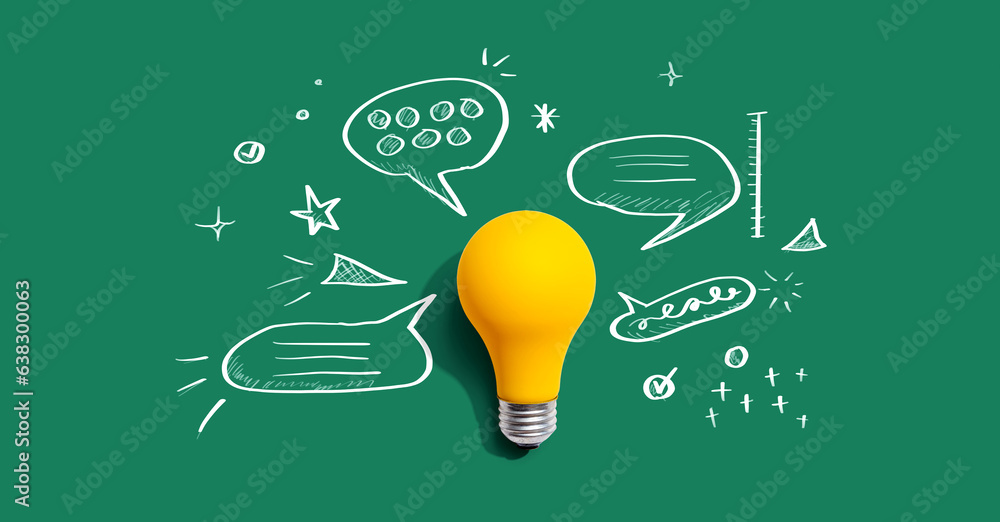 Poster brainstorming concept with a light bulb and speech bubbles - flat lay