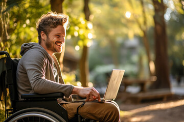 Fototapeta premium A laughing young man with a disability in a wheelchair working online by using a notebook computer green park is the background