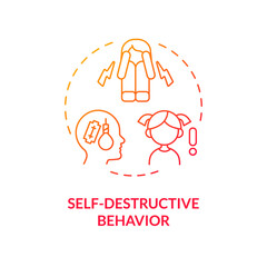 2D gradient self destructive behavior red thin line icon concept, isolated vector, illustration representing behavioral therapy.