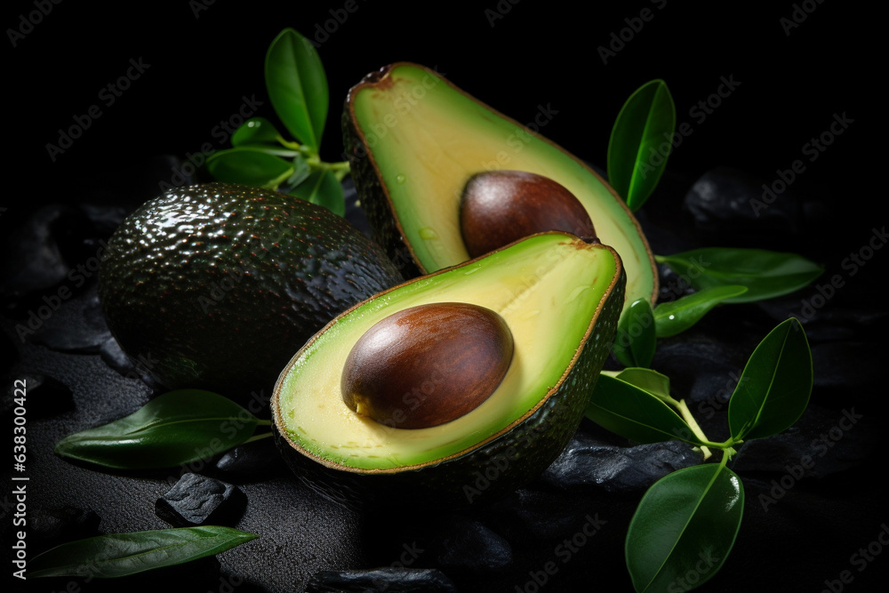Poster closeup of fresh avocado with leaves.healthy and vegan concept.created with generative ai technology