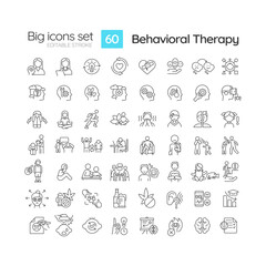 2D editable black big line icons set representing behavioral therapy, isolated vector, linear illustration.