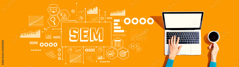 Poster sem - search engine marketing theme with person using a laptop computer