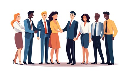 Obraz premium Meeting of business people. cartoon style of several couples of people of different nationalities in business clothes shaking hands. Isolated on white. generative ai
