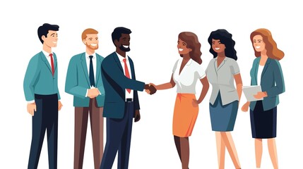 Obraz premium Meeting of business people. cartoon style of several couples of people of different nationalities in business clothes shaking hands. Isolated on white. generative ai