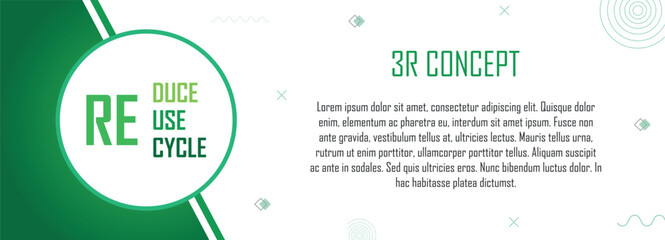 3R concept banner with abstract pattern design, reduce, reuse, recycle, save the earth and nature, go green, environment day, eco friendly, copy space for text