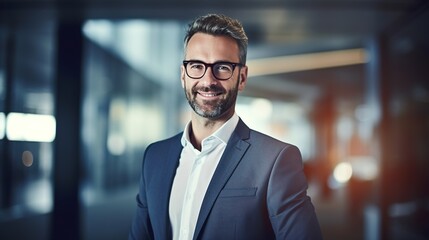 Fototapeta premium Smiling handsome young businessman in office looking at camera, headshot close up corporate portrait