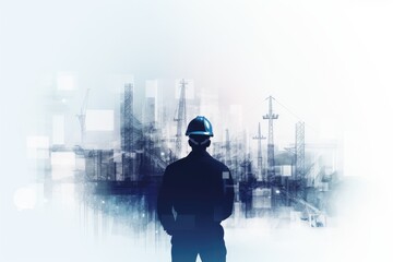engineer or foreman on background of construction site, double exposure concept