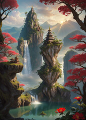 Mountain and lake Landscape. Cartoon rocky mountains, forest and river scene. Wildlife mystical, Hiking adventure