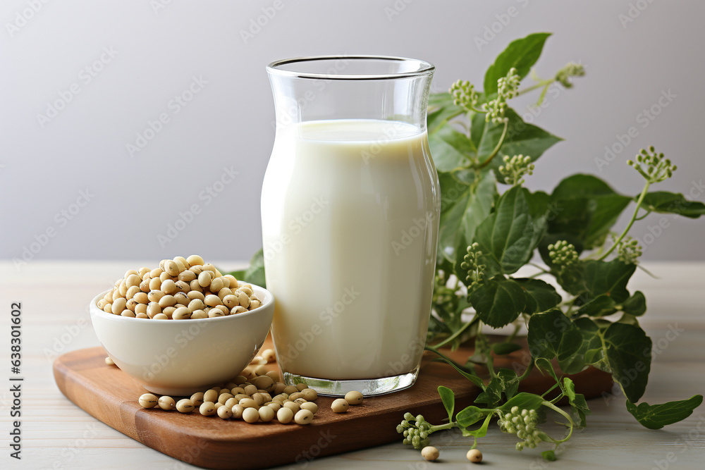 Poster soy milk on white background.healthy and vegan concept.created with generative ai technology.