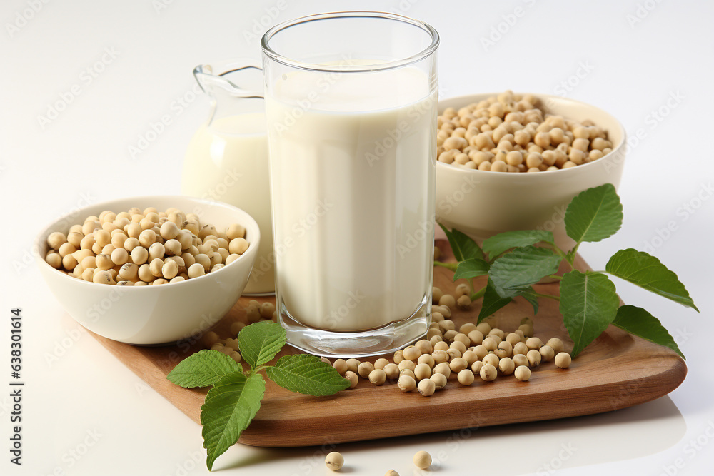 Poster soy milk on white background.healthy and vegan concept.created with generative ai technology.