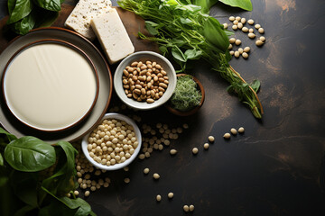Obraz na płótnie Canvas Top view of a plate of spinach, beans,Tofu, lentils, nuts, soy milk, spinach and are displayed on a stone background.Healthy and vegan concept.Created with Generative AI technology.