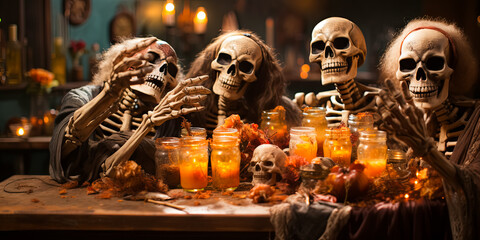 illustration of skeletons which sitting at festive table and celebrating Halloween. Halloween party - obrazy, fototapety, plakaty