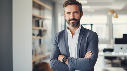 businessman standing arms crossed in the office with a coworker, he exudes confidence, success, and leadership. Management, picture, and vision of a male worker - obrazy, fototapety, plakaty
