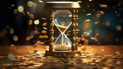 Macro close up shot of a hourglass with floating golden coins around it, ai generative - obrazy, fototapety, plakaty