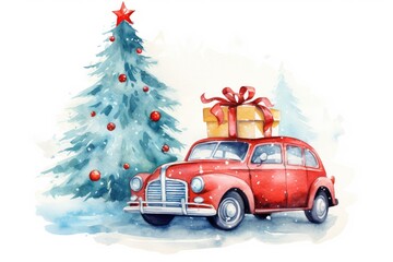 Watercolour retro car with gift box and Christmas tree and snowflakes