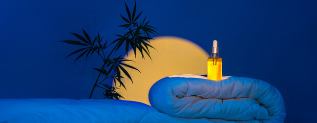 Night bedroom, bottle of CBD oil, Hemp branch on blanket podium in moonlight
