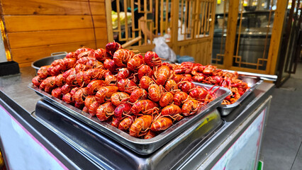 Boiled shrimp in tradition seafood market