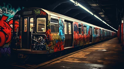 Deurstickers Londen rode bus Dark lit underground subway station