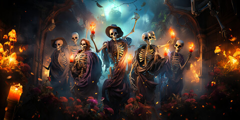 Fototapeta na wymiar illustration of festive dressed skeletons at ball, costume Halloween party