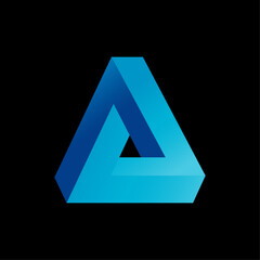 Blue Optical illusion triangle. The Penrose icon.Geometric, gradient color design logo vector illustration on black background.