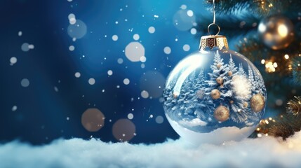 Christmas Tree inside snow ball hanging on fir branch