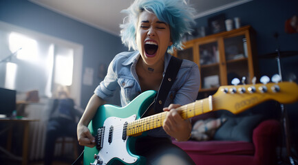 A passionate rebel girl with vibrant blue hair, energetically rocks out on an electric guitar, expressing her individuality.