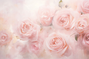 a painting with roses on a white background, in the style of soft and dreamy tones, monochromatic color scheme, soft color blending, 