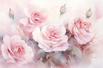 a painting with roses on a white background, in the style of soft and dreamy tones, monochromatic color scheme, soft color blending, 