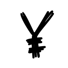 Symbol yen JPY currency brush stroke in doodle brush hand drawn style isolated on white background. For abc, education, logo, branding, font, alphabet, signboard, lettering, presentation.