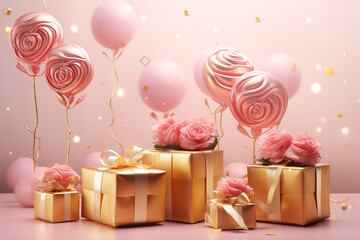 gold balloons and roses with gift boxes on a pink background, playful character design, photorealistic rendering, lovecore, miniature sculptures