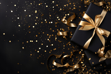 golden holiday invitation box with ribbon and confetti on the black background, in the style of organic abstraction, aerial photography