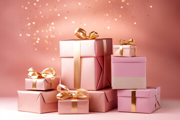 pink gift boxes on a pink background, in the style of light pink and light gold, xmaspunk, traditional color scheme, modern, traditional