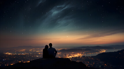 Young love. Couple's silhouette on hill overlooking city lights