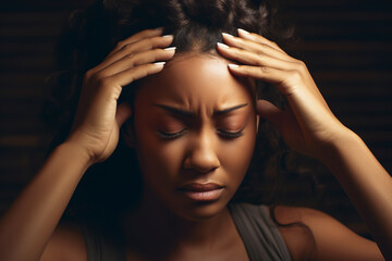 image of an african american woman rubbing her temples as though in pain, widescreen format