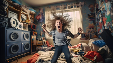 Rebel teen boy rocking to heavy music in messy room