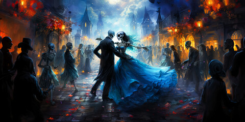 illustration of festive dressed couple of skeletons dancing at ball, costume Halloween party